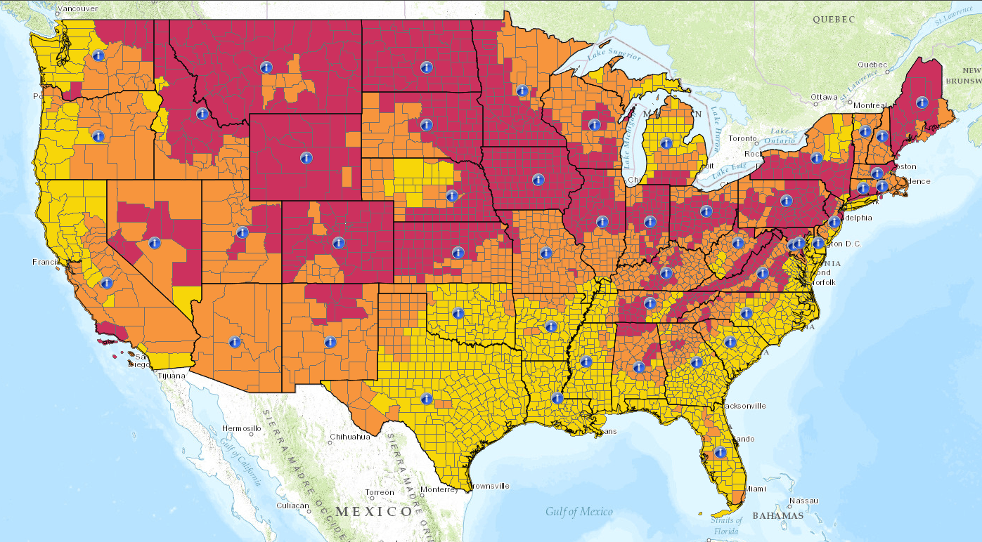 Radon gas zones by county in the country and average
